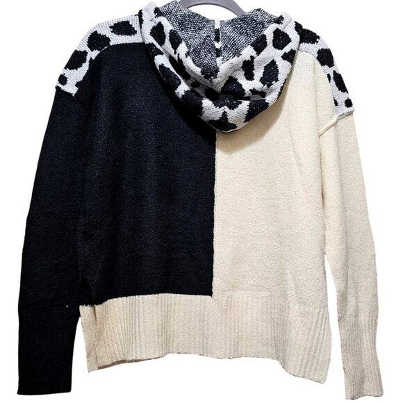 Elan Womens S Two-Tone Black & White Hooded Sweater With Leopard Print Detail Ac - Picture 6 of 8